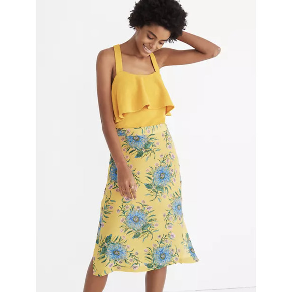 Madewell Dresses & Skirts - Madewell Yellow Silk Side Button Skirt in Painted Blooms Floral Size 0 Blue Pink